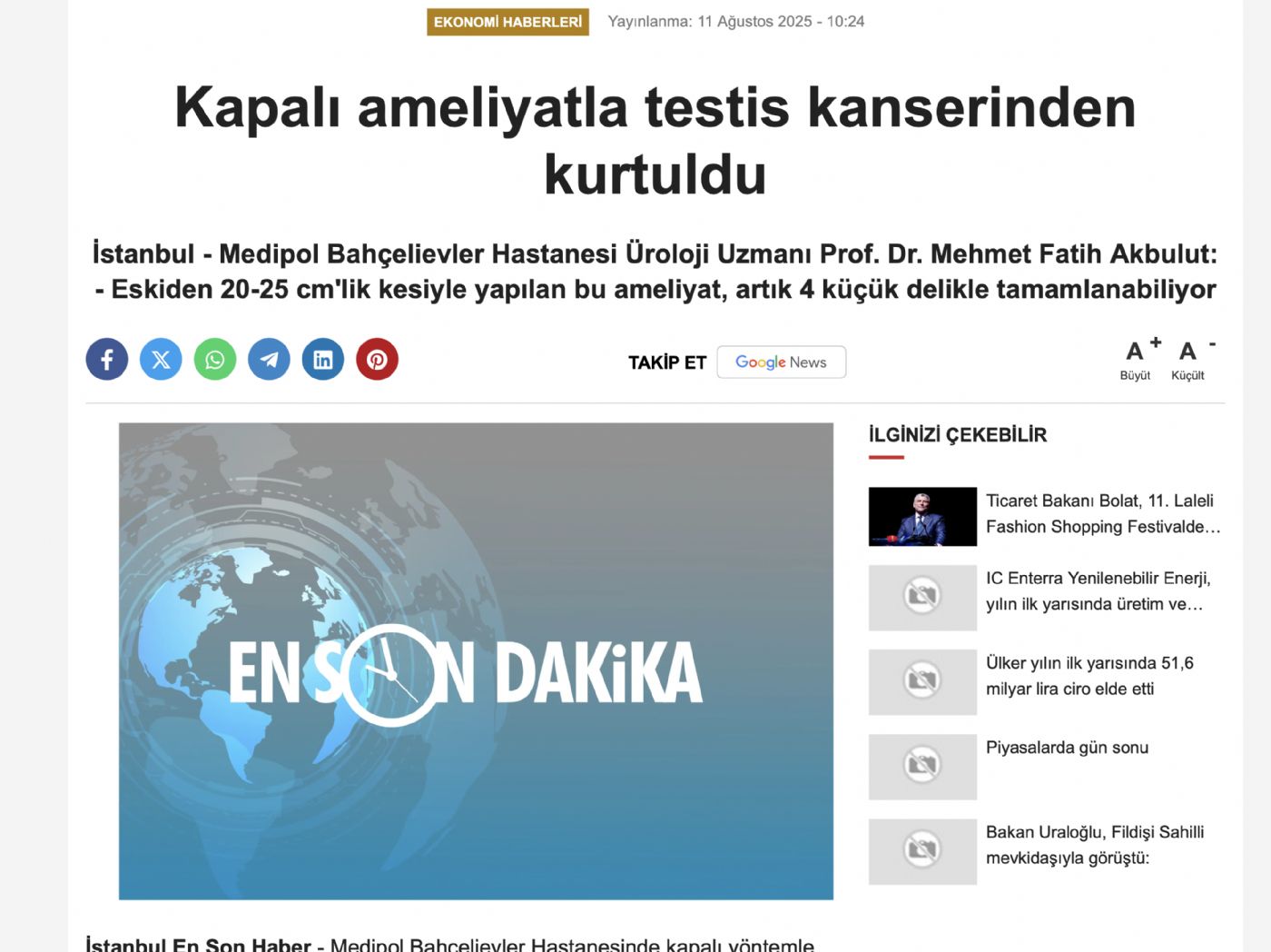 Kapalı ameliyatla testis kanserinden kurtuldu - En Son Dakika Haber