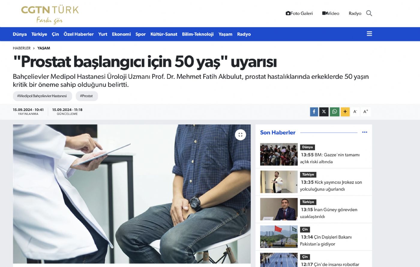 ”PROSTAT BAŞLANGICI İÇİN 50 YAŞ” UYARISI -CGTN TÜRK