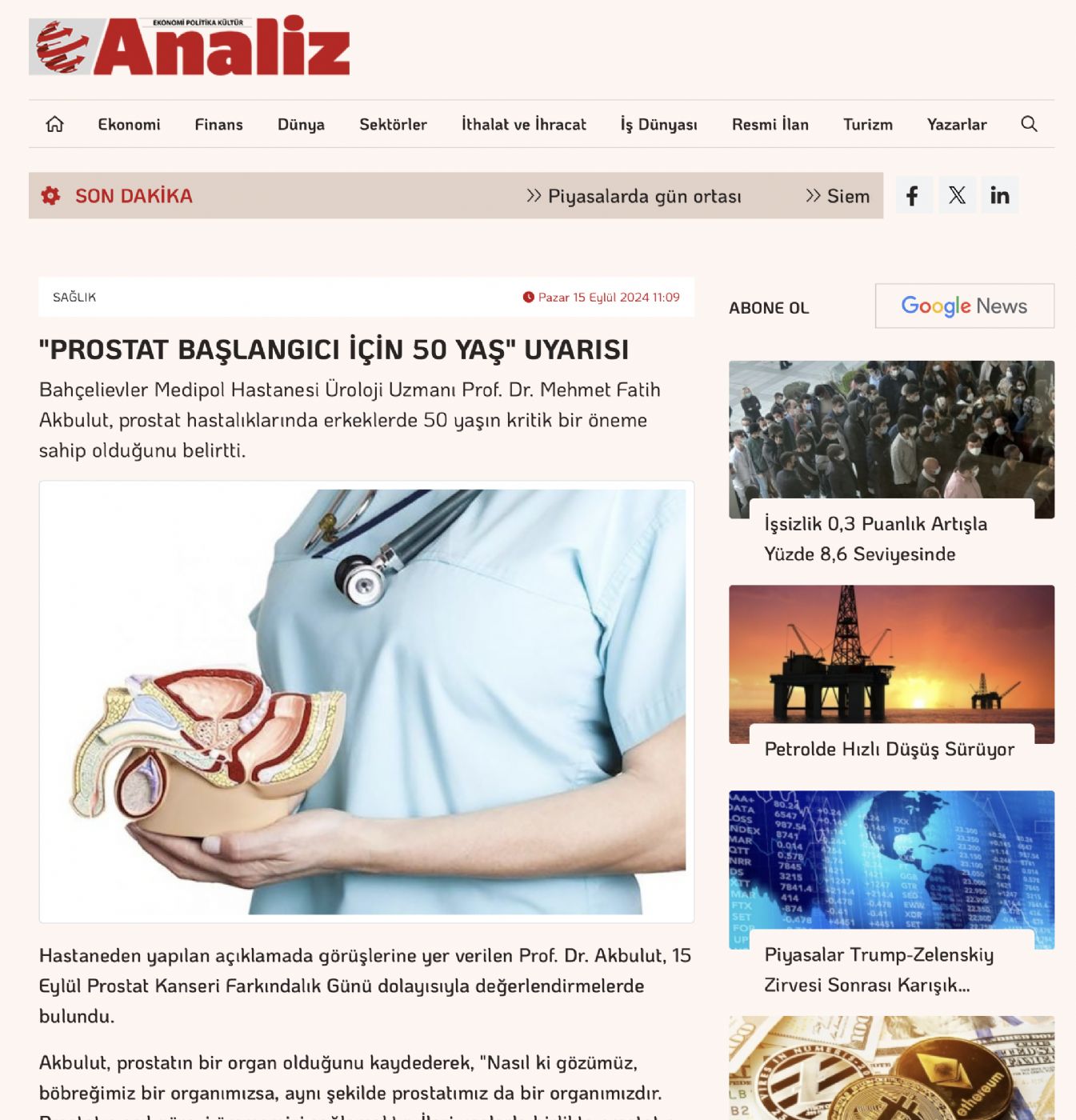 ”PROSTAT BAŞLANGICI İÇİN 50 YAŞ” UYARISI - Analiz Gazetesi