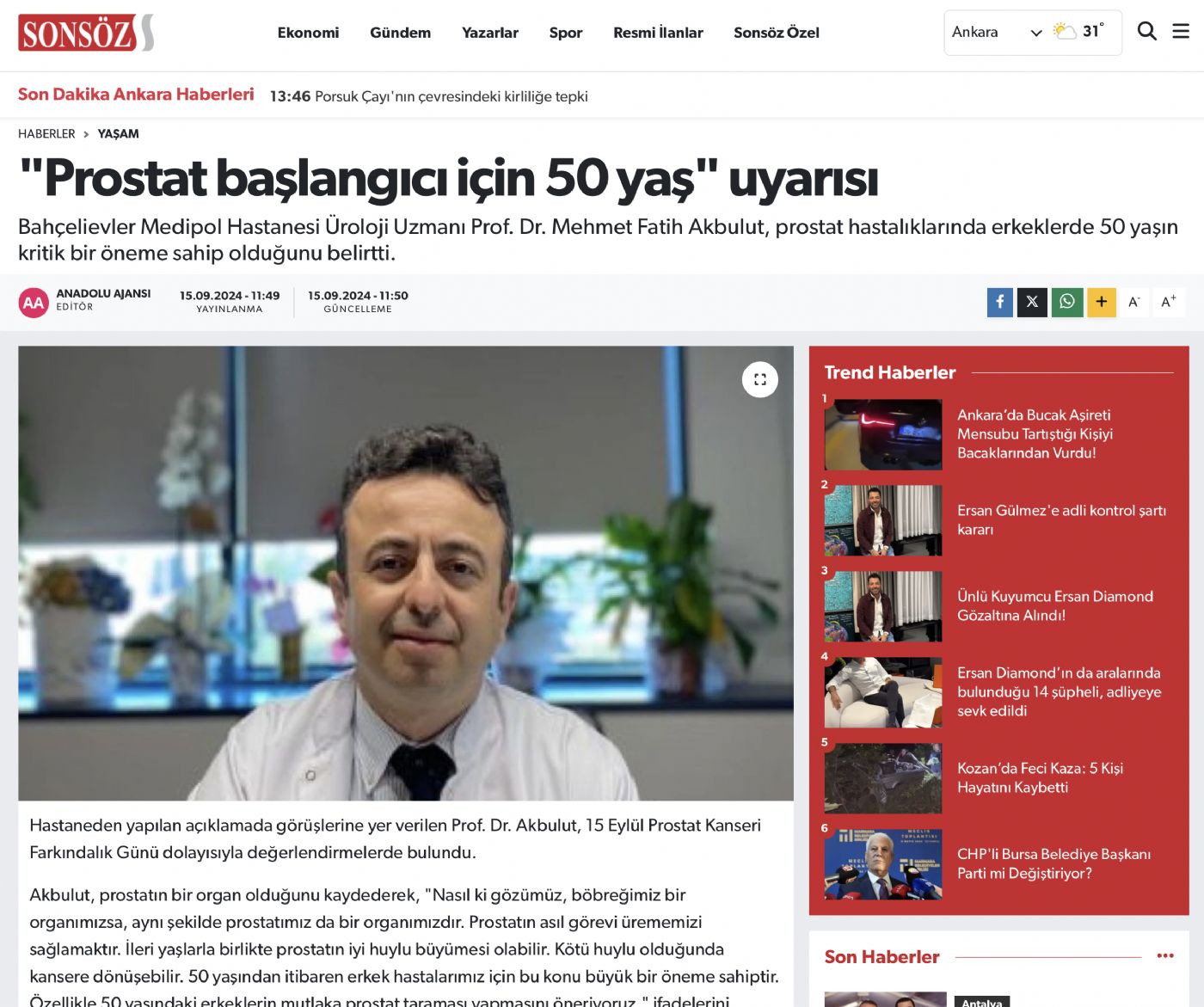 ”Prostat başlangıcı için 50 yaş” uyarısı - Sonsöz 