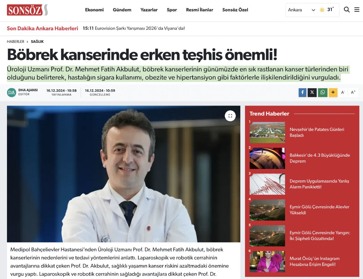 Böbrek kanserinde erken teşhis önemli! - Sonsöz 