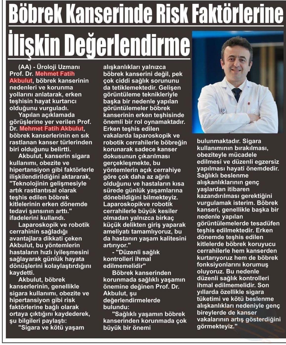 Böbrek Kanseri Risk Faktörlerine İlişkin Değerlendirme